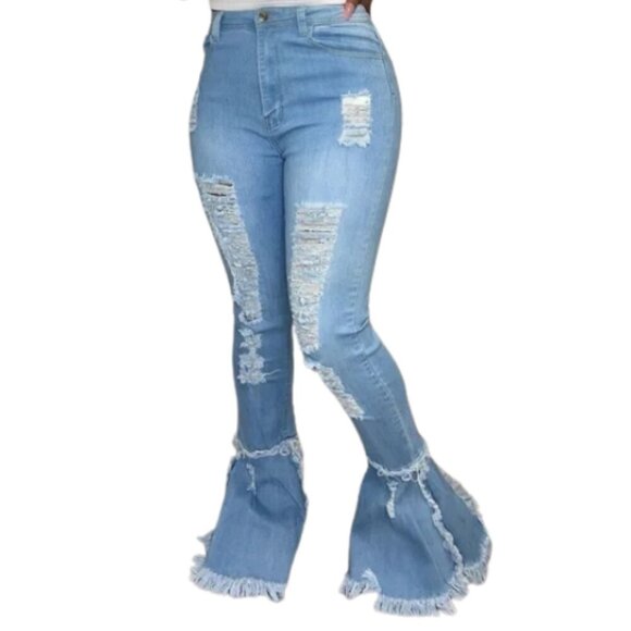 Women's Distressed Bell Bottom Stretchy Denim Jeans Size Medium Date Night - Picture 1 of 7